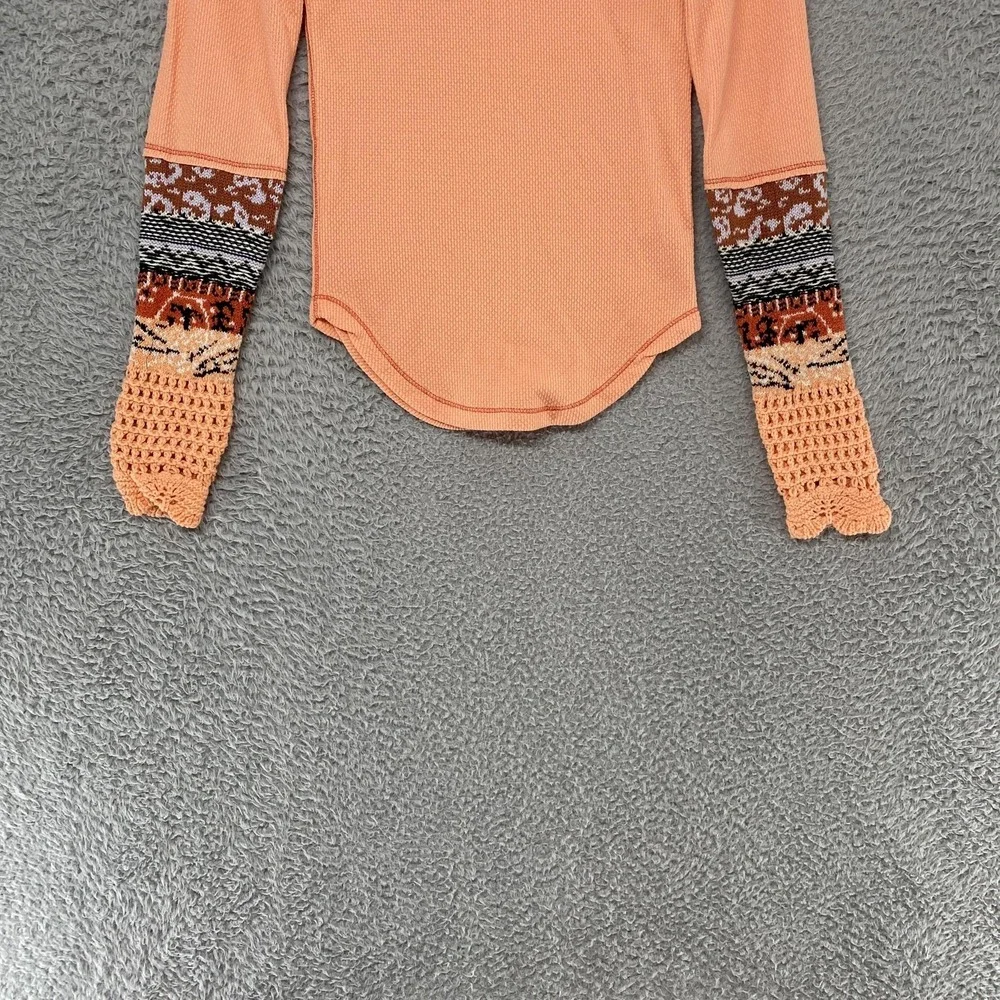 Free People Thermal Top Womens XS Crochet Fair Isle Sleeve Cozy Waffle Boho